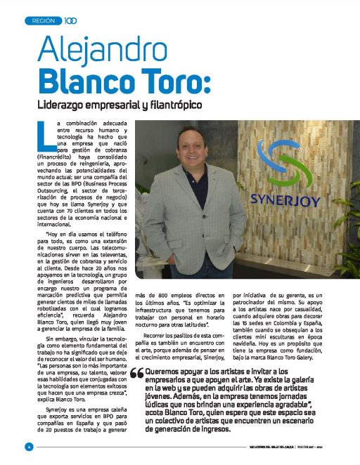 Revista 100 lideres del Valle del Cauca destacó  nuestro fundador Alejandro Blanco